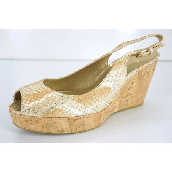 Stuart Weitzman Jean Metallic Snake Slingback Cork Wedge Heel Sandal SZ 10.5 New - Picture 1 of 11